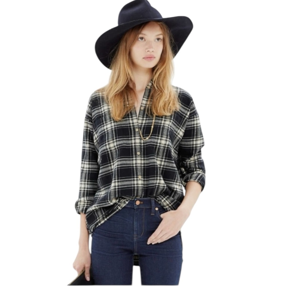 Madewell Black & White Rutherford Plaid Flannel Ex Boyfriend Shirt Top Small